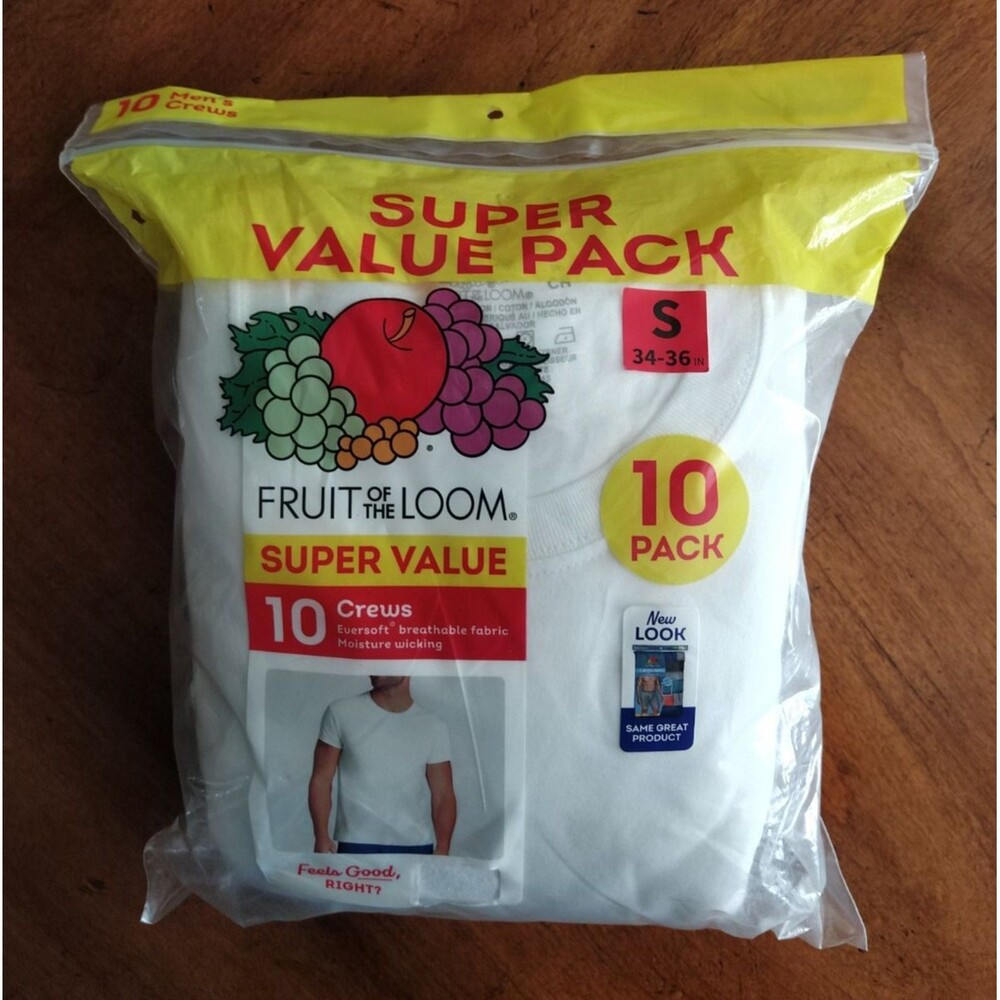 Fruit of the Loom Men's White Crew T-Shirt 10 Pack Size Small 34-36 Super Value